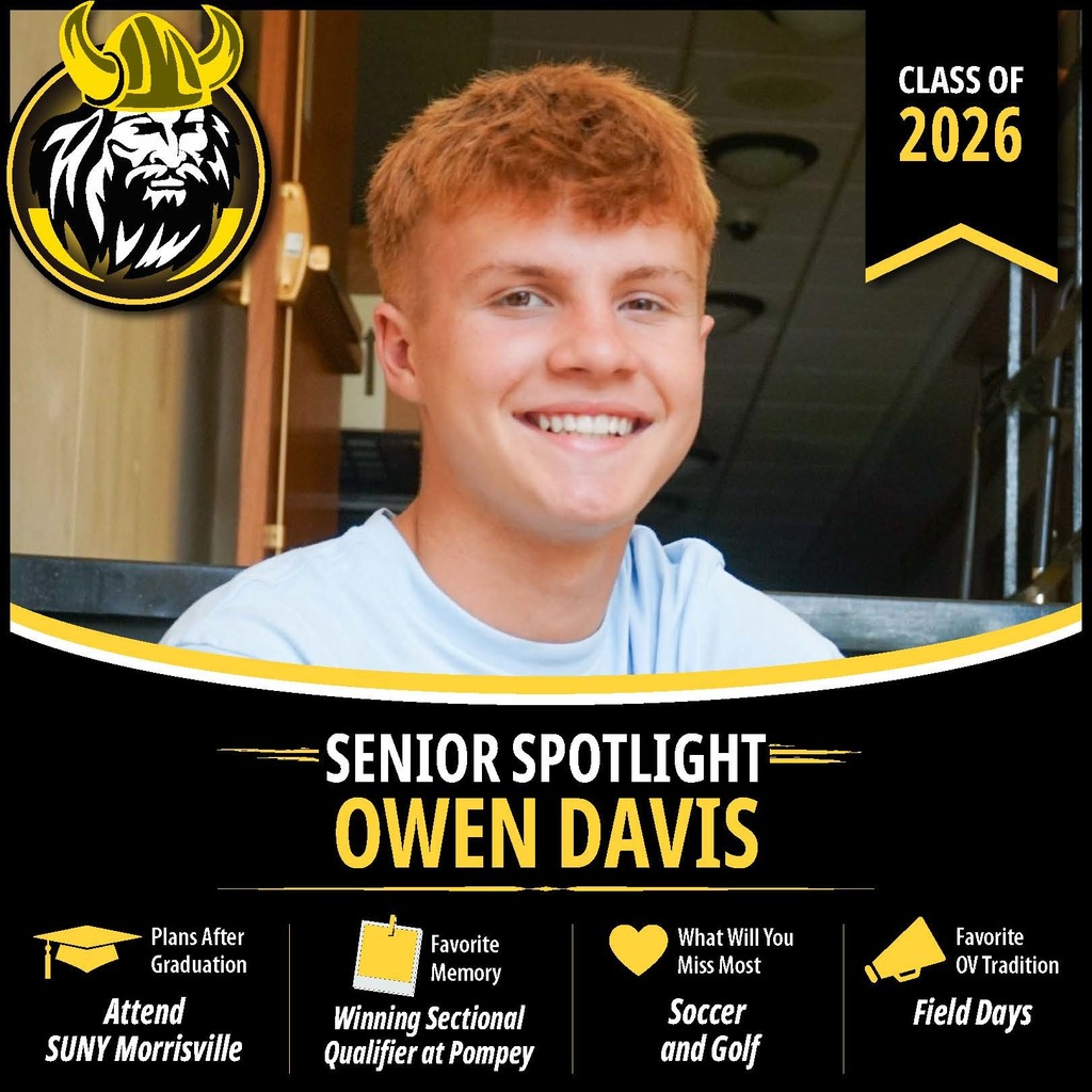 Senior Spotlight graphic featuring an OV Class of 2026 senior portrait with school branding and student highlights.
