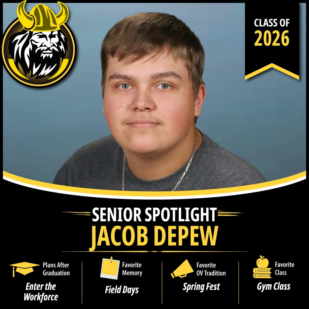 Senior Spotlight graphic featuring an OV Class of 2026 senior portrait with school branding and student highlights.