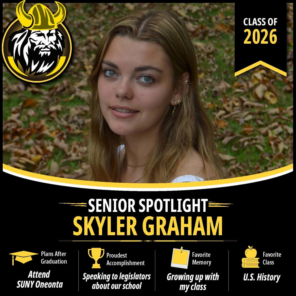 Senior Spotlight graphic featuring an OV Class of 2026 senior portrait with school branding and student highlights.