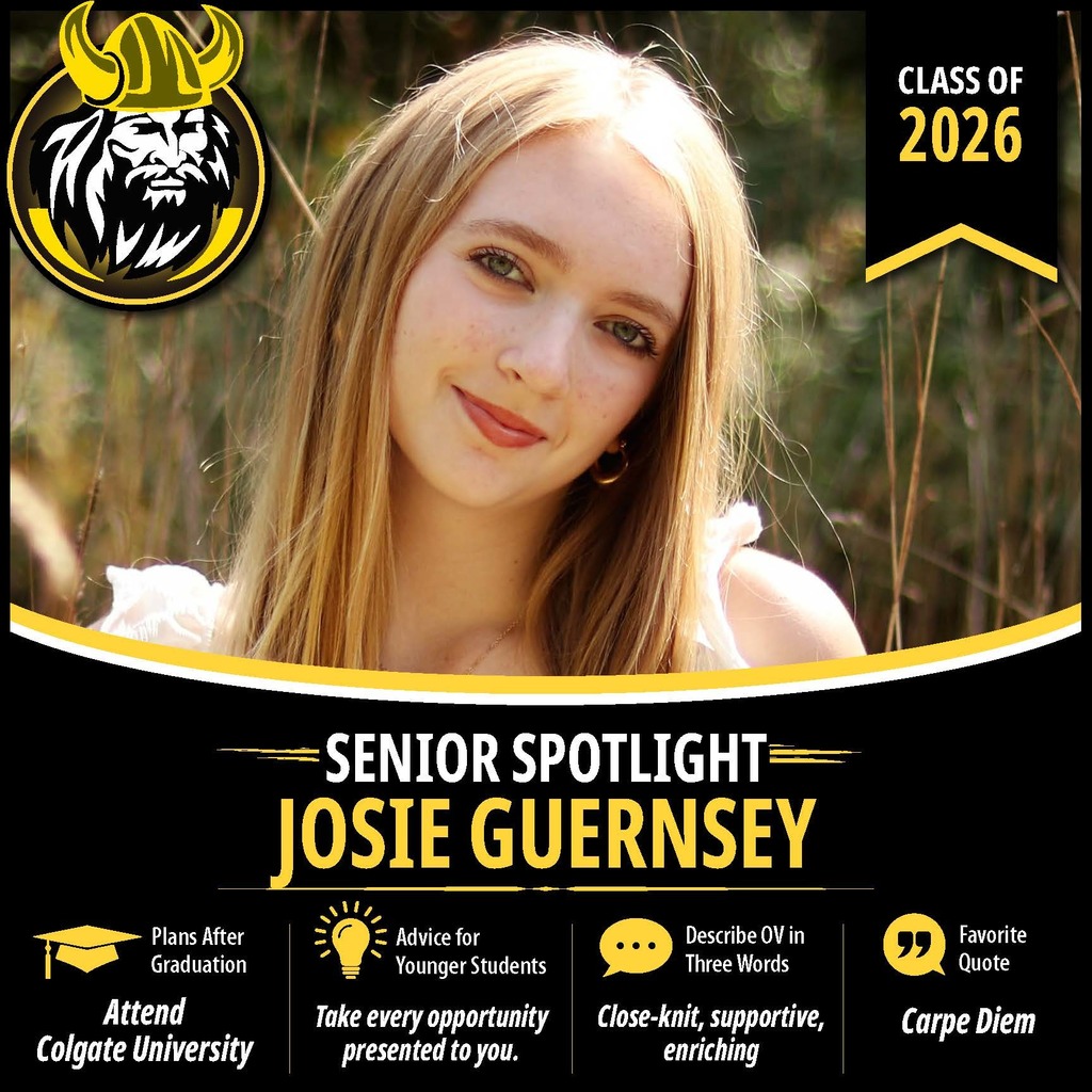 Senior Spotlight graphic featuring an OV Class of 2026 senior portrait with school branding and student highlights.