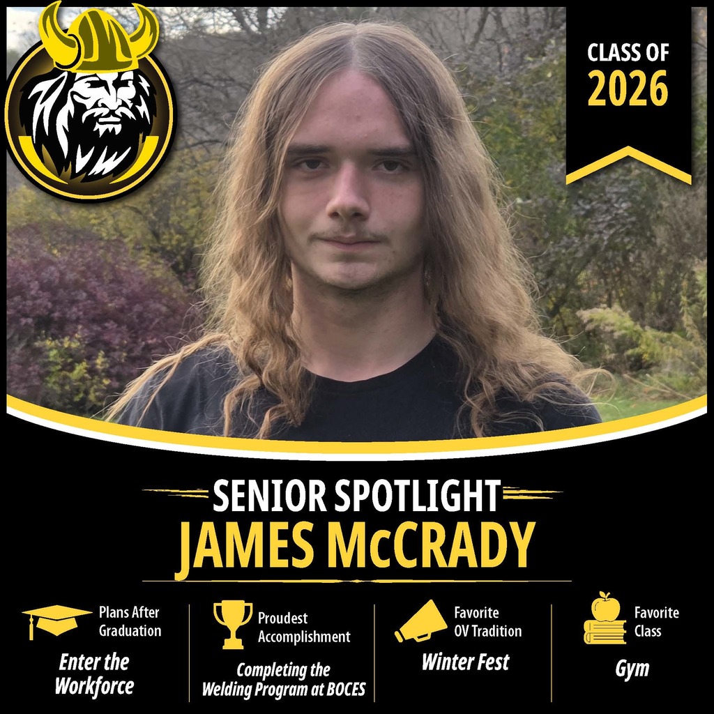 Senior Spotlight graphic featuring an OV Class of 2026 senior portrait with school branding and student highlights.
