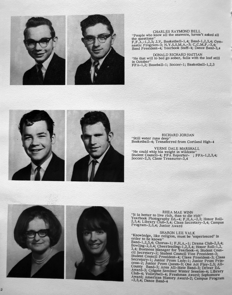 Black-and-white pages from the 1966 Georgetown yearbook Reminiscing featuring senior portraits, class officers, student quotes, and activity listings.