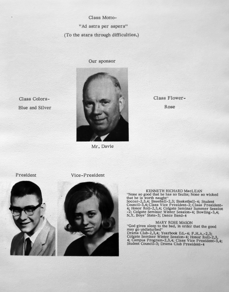 Black-and-white pages from the 1966 Georgetown yearbook Reminiscing featuring senior portraits, class officers, student quotes, and activity listings.