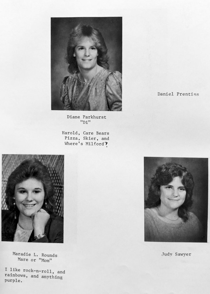 Black-and-white scanned yearbook pages from the 1986 Otselic Valley yearbook featuring senior portraits, student names, nicknames, and personal quotes/messages.