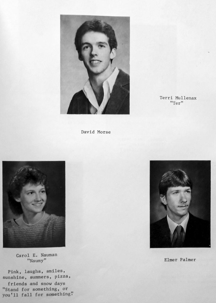 Black-and-white scanned yearbook pages from the 1986 Otselic Valley yearbook featuring senior portraits, student names, nicknames, and personal quotes/messages.