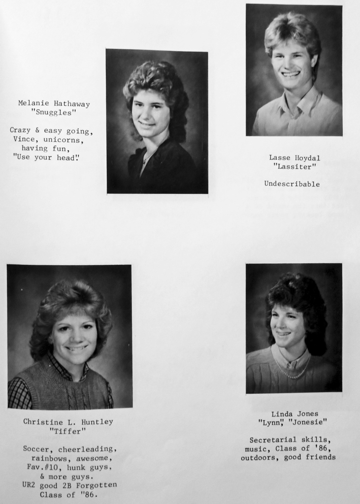 Black-and-white scanned yearbook pages from the 1986 Otselic Valley yearbook featuring senior portraits, student names, nicknames, and personal quotes/messages.