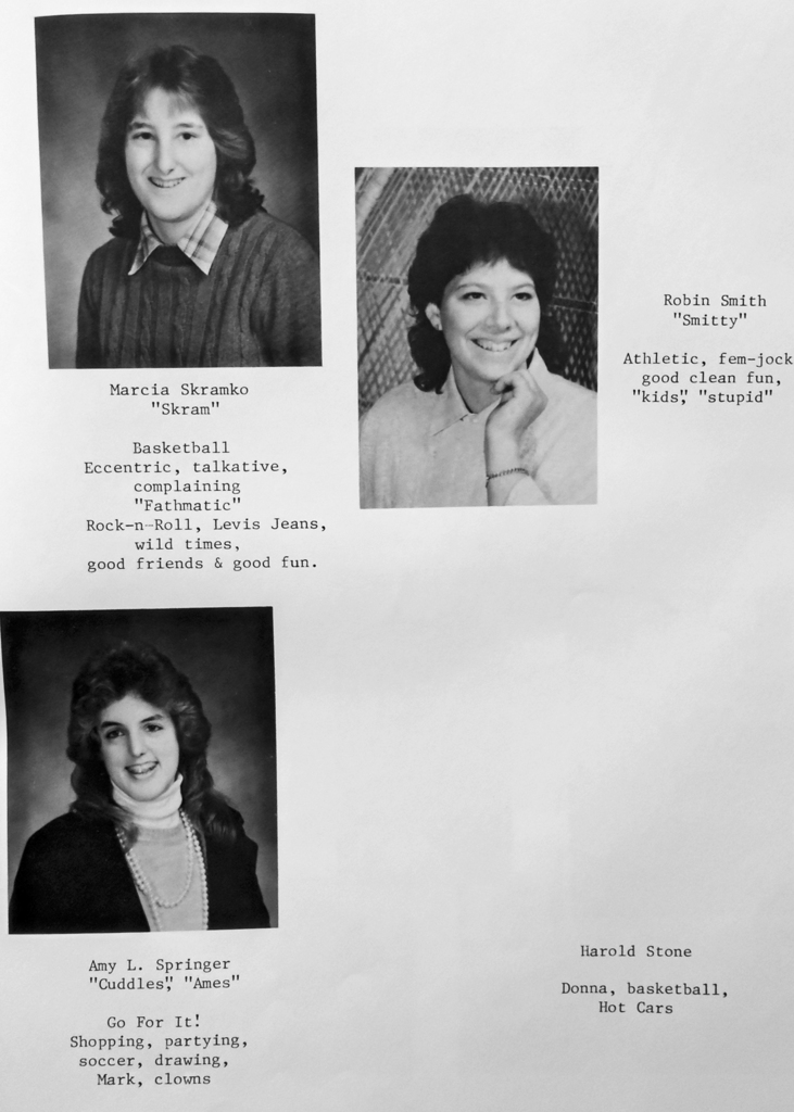 Black-and-white scanned yearbook pages from the 1986 Otselic Valley yearbook featuring senior portraits, student names, nicknames, and personal quotes/messages.