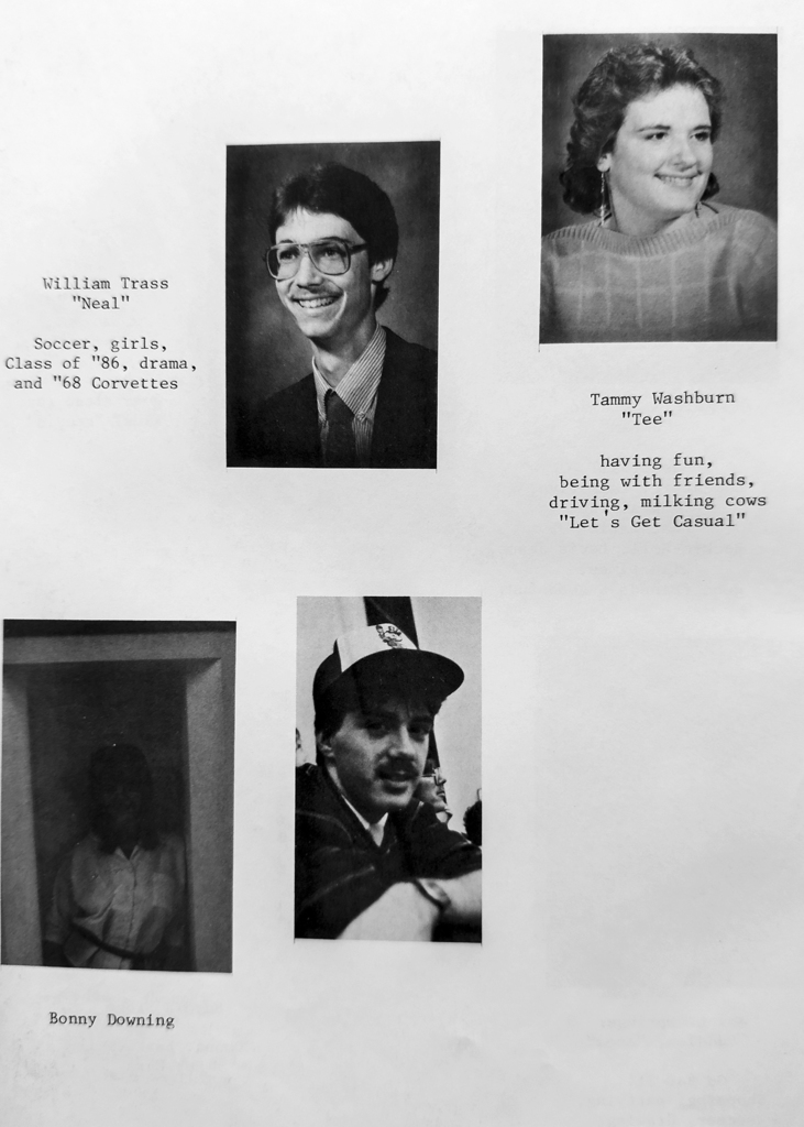 Black-and-white scanned yearbook pages from the 1986 Otselic Valley yearbook featuring senior portraits, student names, nicknames, and personal quotes/messages.