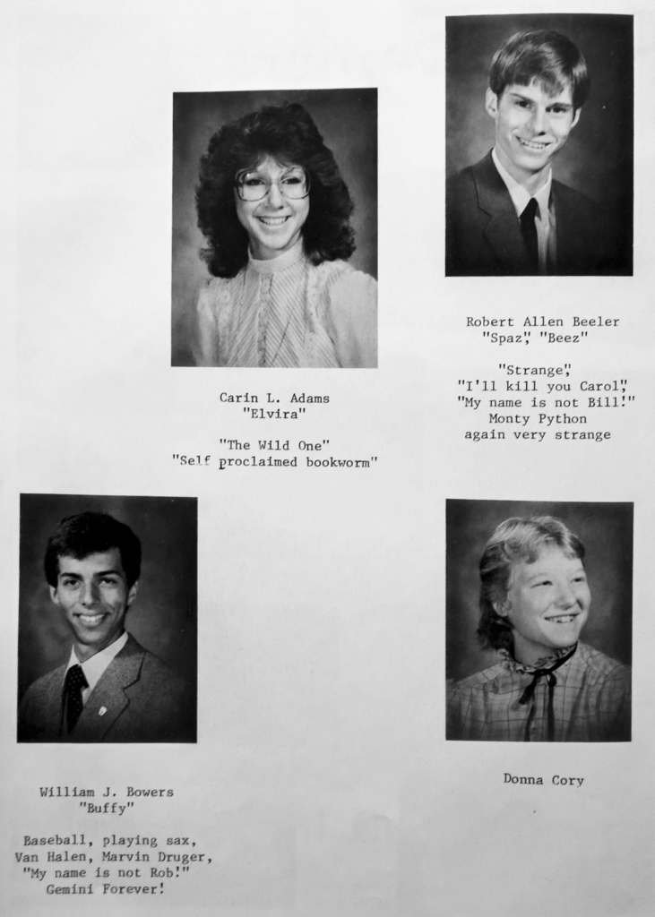 Black-and-white scanned yearbook pages from the 1986 Otselic Valley yearbook featuring senior portraits, student names, nicknames, and personal quotes/messages.