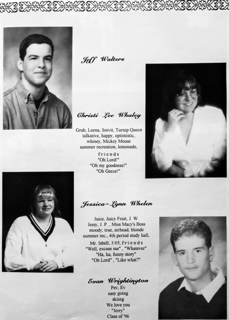 Black-and-white scanned yearbook pages from the 1996 Otselic Valley yearbook featuring senior portraits, student names, nicknames, personal quotes, and memories from graduating seniors.