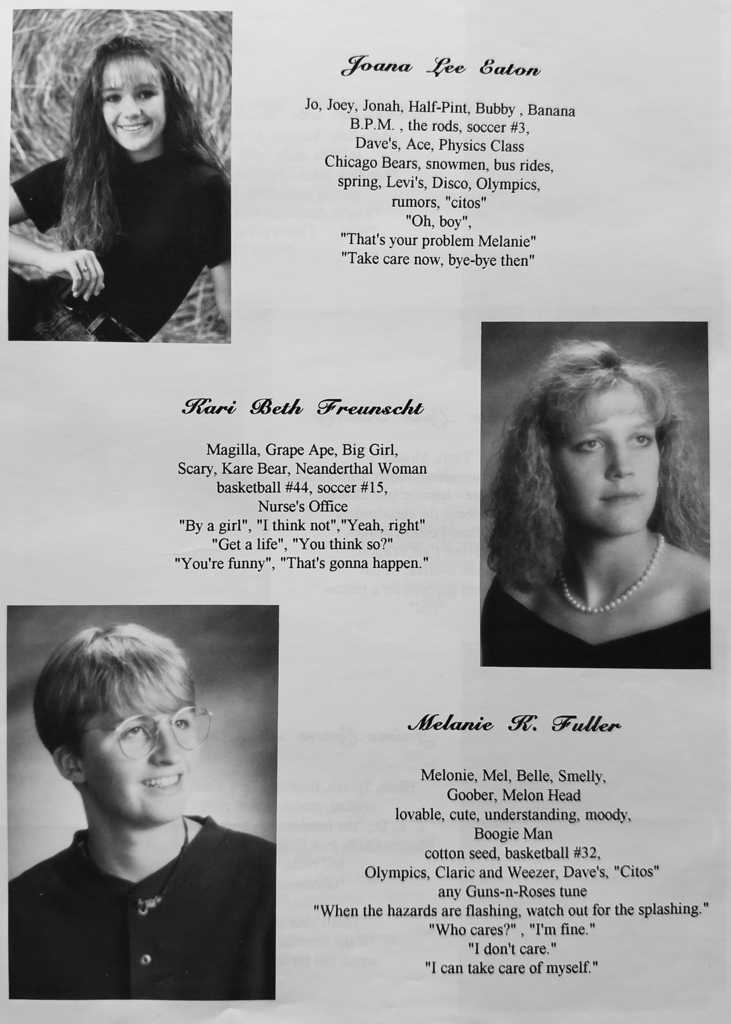 Black-and-white scanned yearbook pages from the 1996 Otselic Valley yearbook featuring senior portraits, student names, nicknames, personal quotes, and memories from graduating seniors.