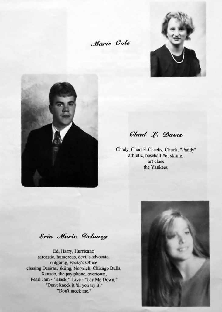 Black-and-white scanned yearbook pages from the 1996 Otselic Valley yearbook featuring senior portraits, student names, nicknames, personal quotes, and memories from graduating seniors.