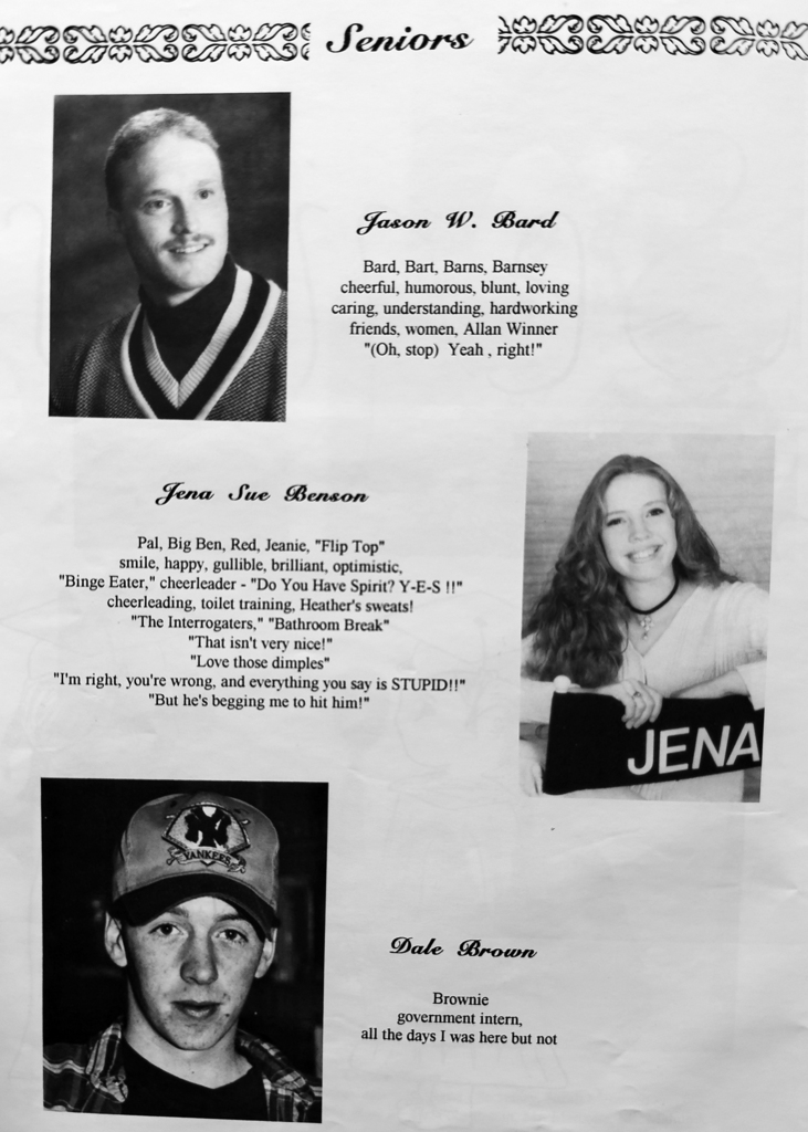 Black-and-white scanned yearbook pages from the 1996 Otselic Valley yearbook featuring senior portraits, student names, nicknames, personal quotes, and memories from graduating seniors.