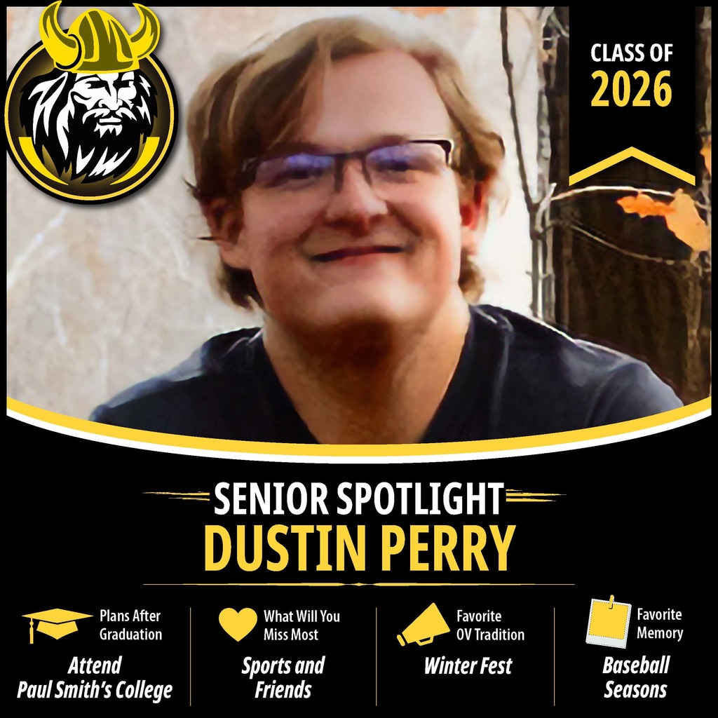 Senior Spotlight graphic featuring an OV Class of 2026 senior portrait with school branding and student highlights.