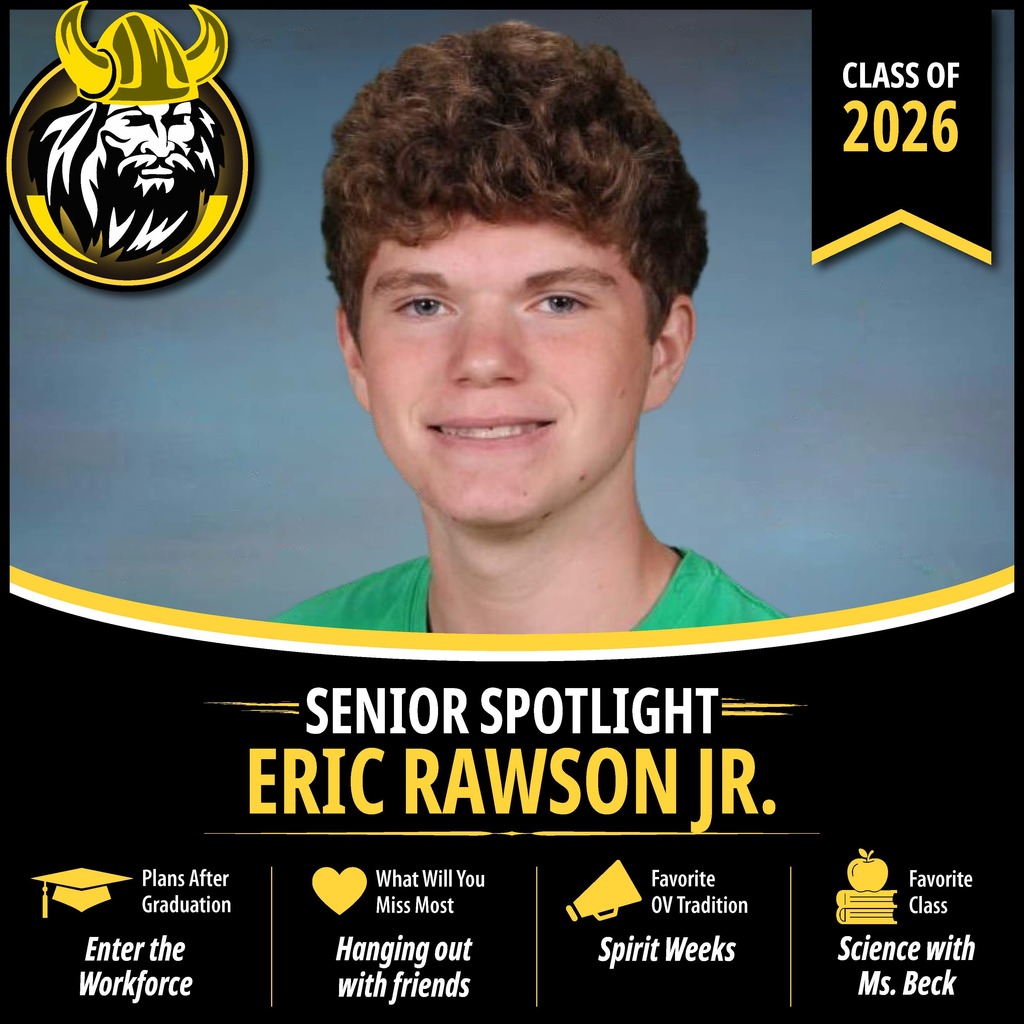 Senior Spotlight graphic featuring an OV Class of 2026 senior portrait with school branding and student highlights.
