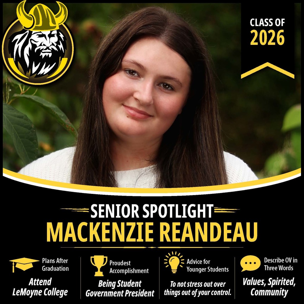 Senior Spotlight graphic featuring an OV Class of 2026 senior portrait with school branding and student highlights.