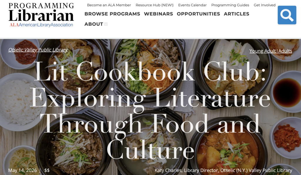 Graphic of website from Programming Librarian with the title "Lit Cookbook Club"
