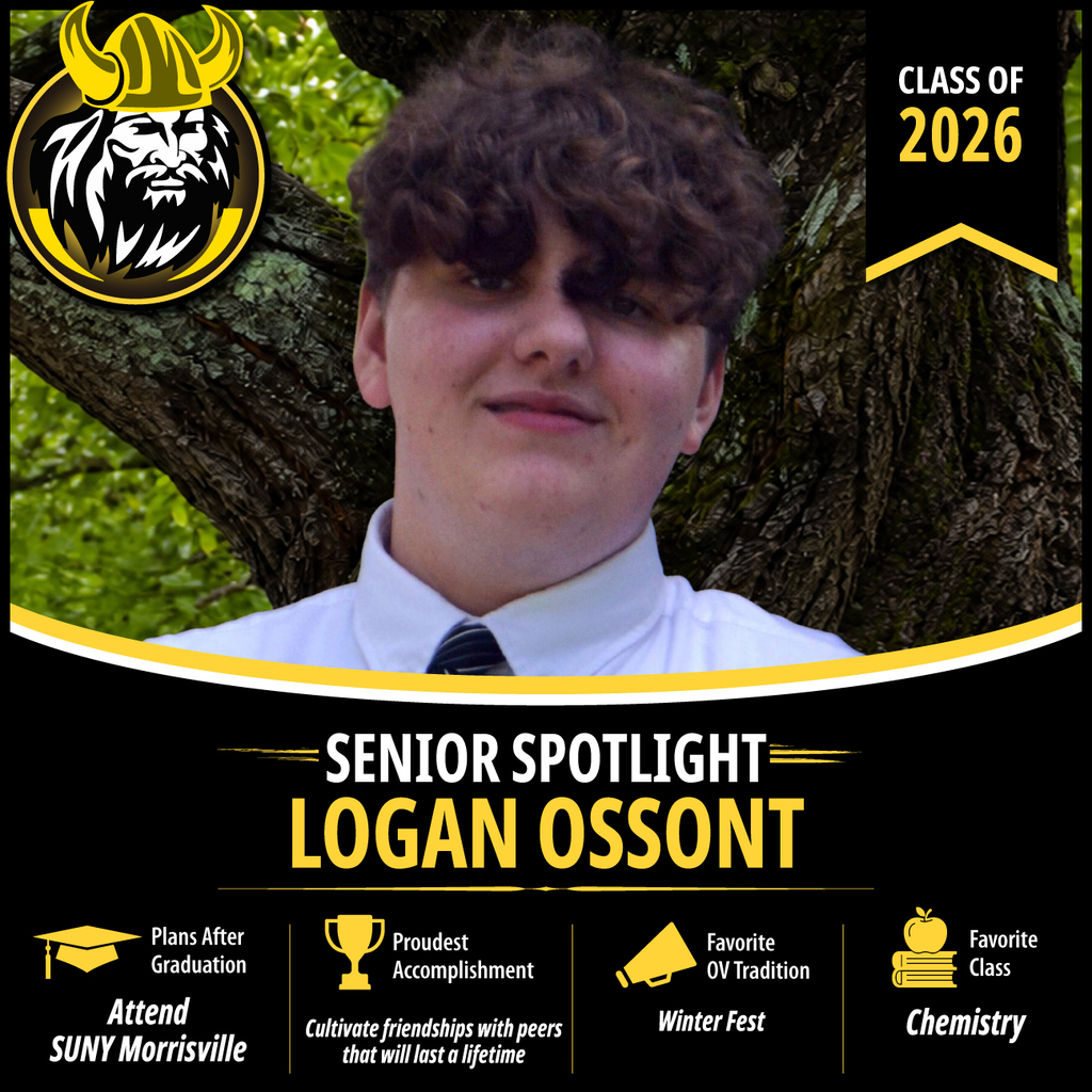 Senior Spotlight graphic featuring an OV Class of 2026 senior portrait with school branding and student highlights.
