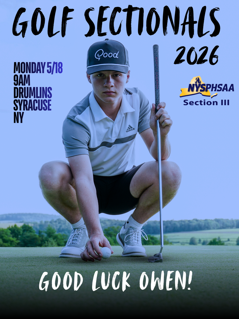Graphic featuring OV golfer Owen preparing for a putt on a golf course with text announcing Golf Sectionals 2026 on Monday, May 18 at 9:00 a.m. at Drumlins in Syracuse, NY, along with a message wishing him good luck.