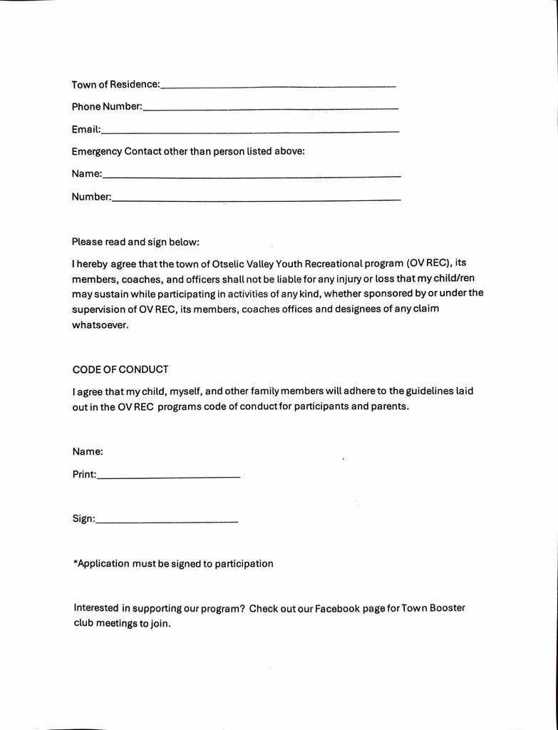 Scanned page two of the OV Recreational Baseball/Softball registration form. The page includes fields for residence information, emergency contacts, liability waiver language, and a code of conduct agreement for participants and families. Signature lines are provided for parent or guardian acknowledgment. The page also includes information about supporting the program through Town Booster Club meetings.