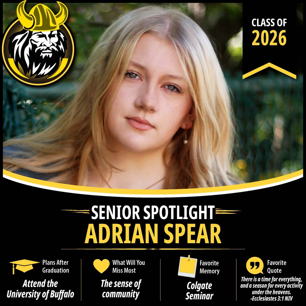 Senior Spotlight graphic featuring an OV Class of 2026 senior portrait with school branding and student highlights.