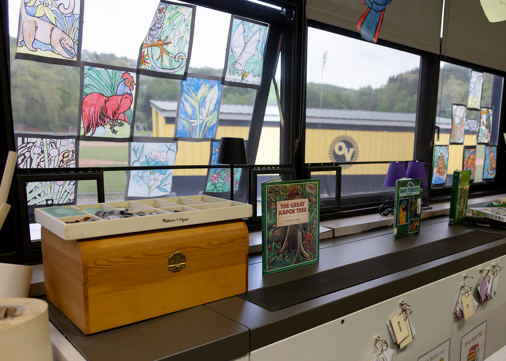 Photos from the “Welcome to the Jungle” rainforest classroom tour featuring student-created displays, artwork, and interactive learning experiences.