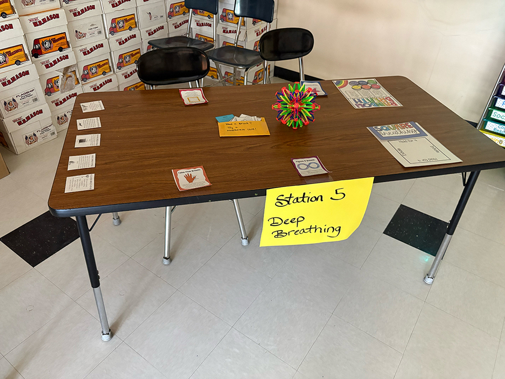 Students participate in interactive activities during the Coping Skills Fair at Otselic Valley, exploring coping strategies such as mindfulness, breathing exercises, sensory tools, movement, and fidgets.