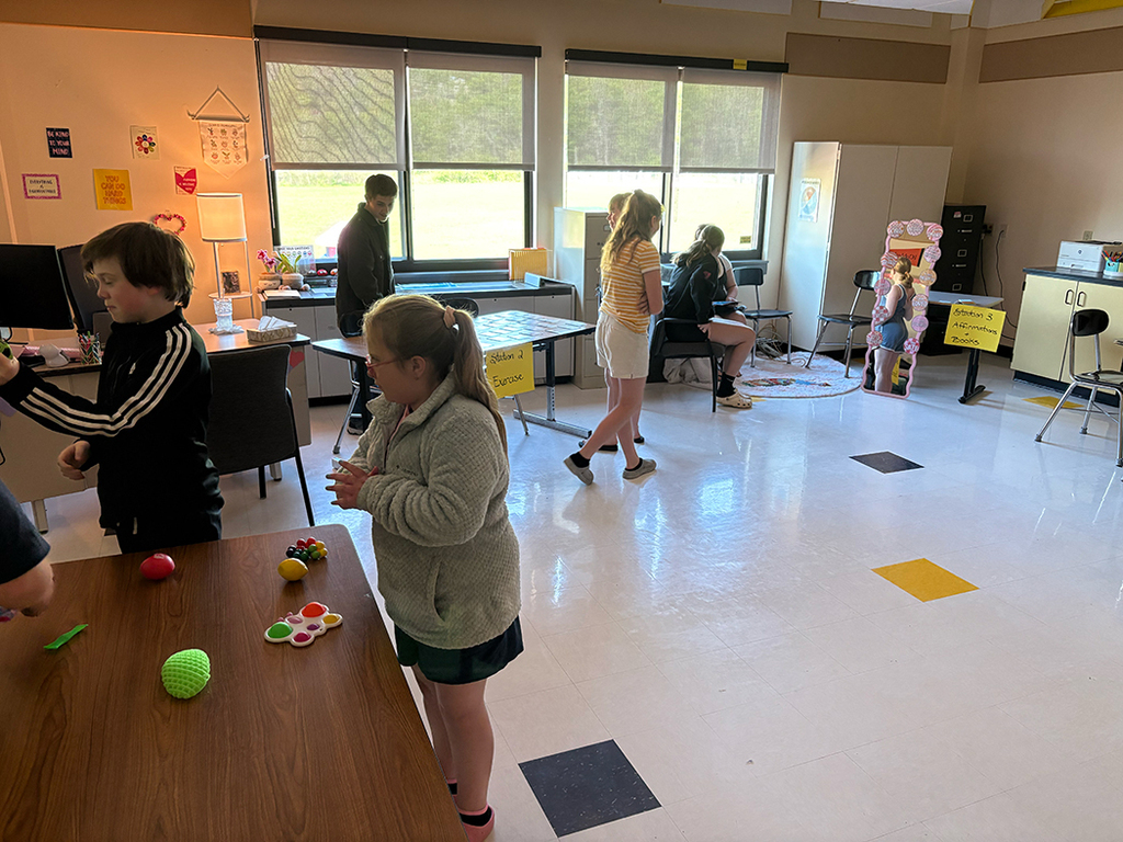 Students participate in interactive activities during the Coping Skills Fair at Otselic Valley, exploring coping strategies such as mindfulness, breathing exercises, sensory tools, movement, and fidgets.