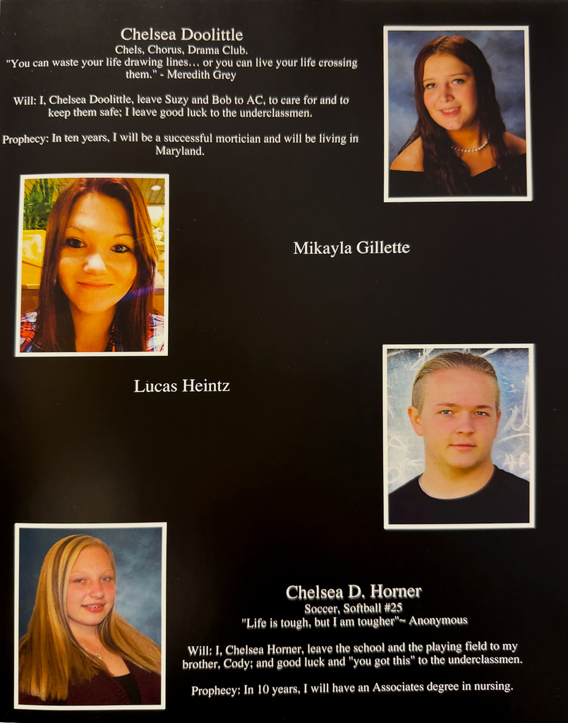Scanned yearbook pages from the 2016 Otselic Valley yearbook featuring senior portraits, student names, quotes, activities, predictions, and memories from members of the graduating class