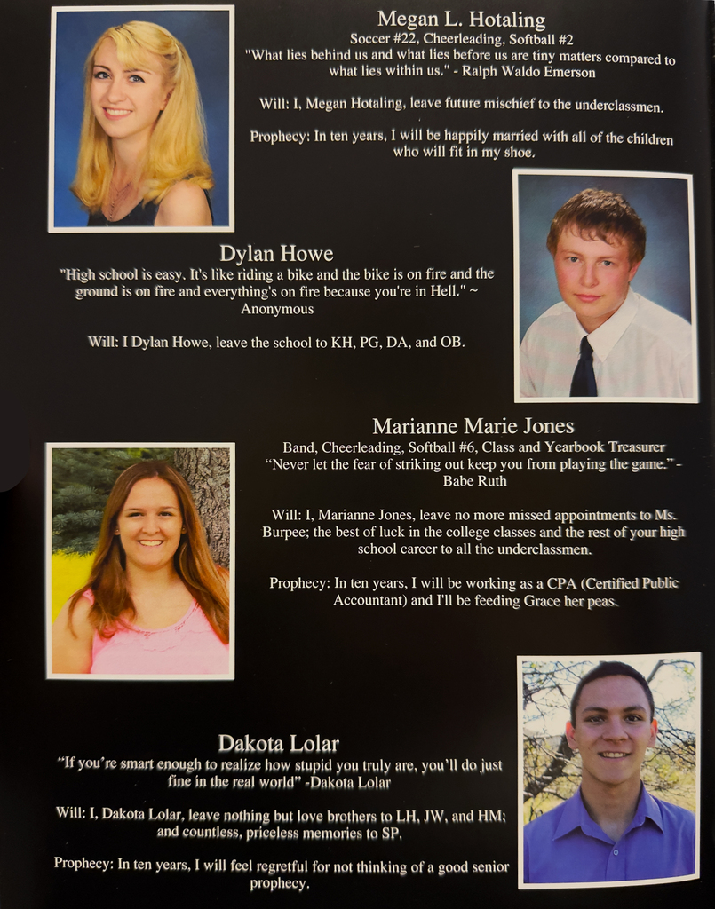 Scanned yearbook pages from the 2016 Otselic Valley yearbook featuring senior portraits, student names, quotes, activities, predictions, and memories from members of the graduating class