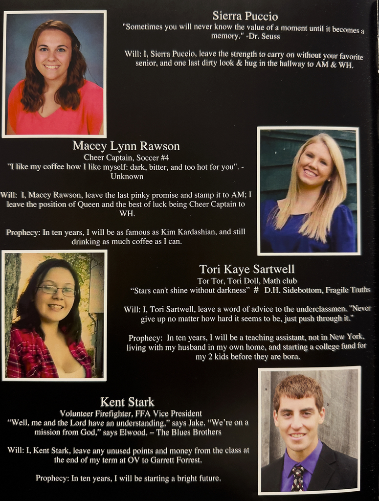 Scanned yearbook pages from the 2016 Otselic Valley yearbook featuring senior portraits, student names, quotes, activities, predictions, and memories from members of the graduating class