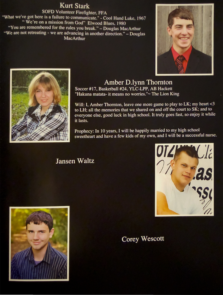 Scanned yearbook pages from the 2016 Otselic Valley yearbook featuring senior portraits, student names, quotes, activities, predictions, and memories from members of the graduating class