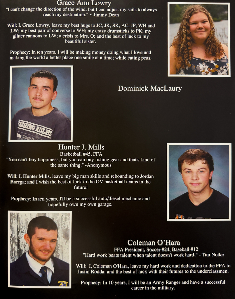 Scanned yearbook pages from the 2016 Otselic Valley yearbook featuring senior portraits, student names, quotes, activities, predictions, and memories from members of the graduating class