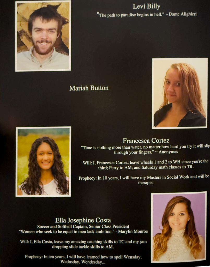 Scanned yearbook pages from the 2016 Otselic Valley yearbook featuring senior portraits, student names, quotes, activities, predictions, and memories from members of the graduating class