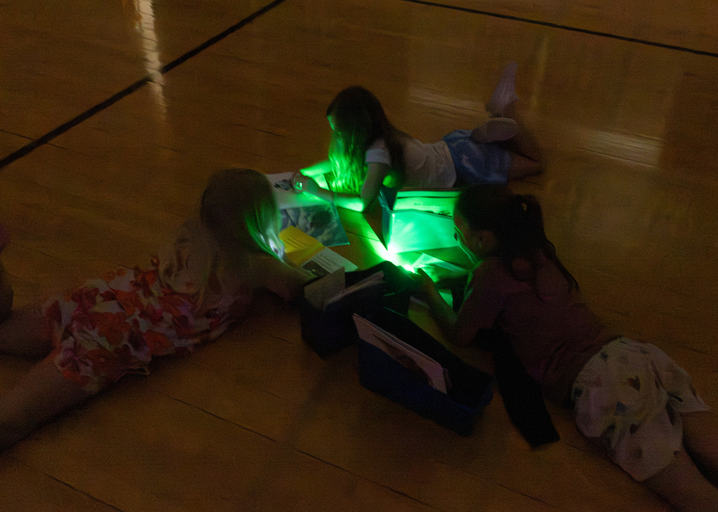 Kindergarten through second grade students participate in Flashlight Reading as part of the ABC Countdown to Summer, using flashlights while reading together with classmates.