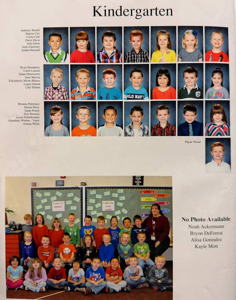 Scanned page from the 2014 Otselic Valley Infinity and Beyond yearbook featuring kindergarten student portraits and a classroom group photo. Several students pictured are members of the current OV Class of 2026 graduating class.