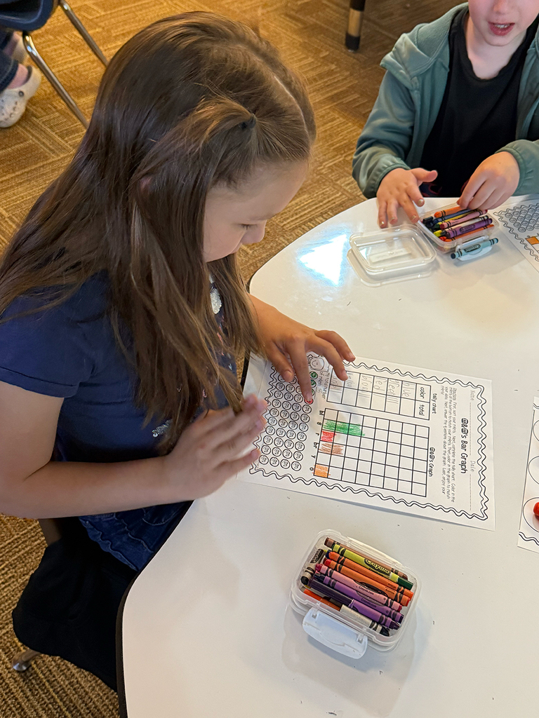 First grade students participate in a hands-on math activity using M&Ms to practice sorting, tally charts, and graphing skills in the classroom.