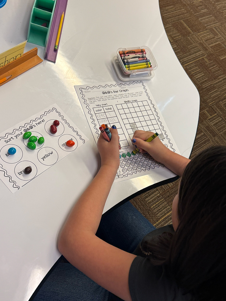 First grade students participate in a hands-on math activity using M&Ms to practice sorting, tally charts, and graphing skills in the classroom.