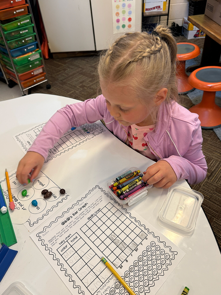 First grade students participate in a hands-on math activity using M&Ms to practice sorting, tally charts, and graphing skills in the classroom.