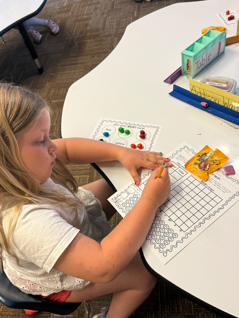 First grade students participate in a hands-on math activity using M&Ms to practice sorting, tally charts, and graphing skills in the classroom.