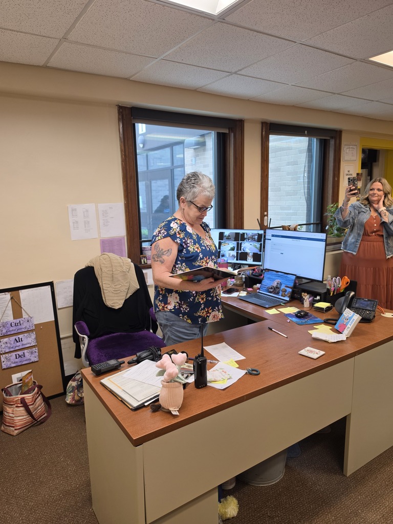 Photos of Mrs. Tina Cruikshank and Otselic Valley students recognizing her as the recipient of the Class of 2026 yearbook dedication.