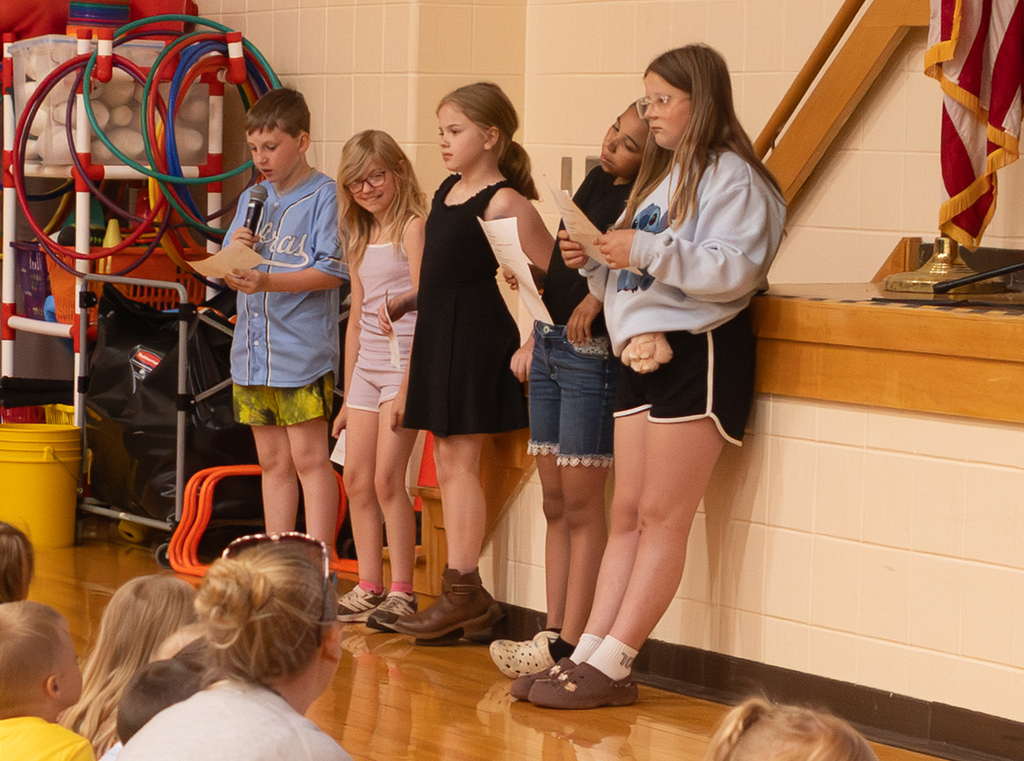 Students participate in Otselic Valley's final Morning Program of the school year, including student announcements, Kids with Character, birthday celebrations, and OV's Got Talent performances.