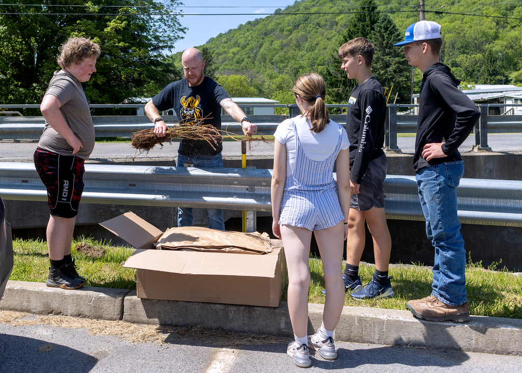 Middle school students plant young willow trees along the bank of Ashbell Brook near Otselic Valley school property as part of an erosion prevention and environmental stewardship project.