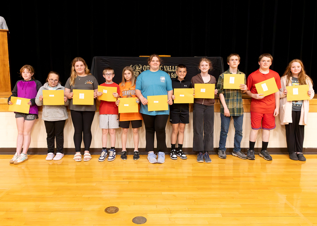 Students are recognized for academic, athletic, leadership, and service achievements at the Otselic Valley Awards Assembly.