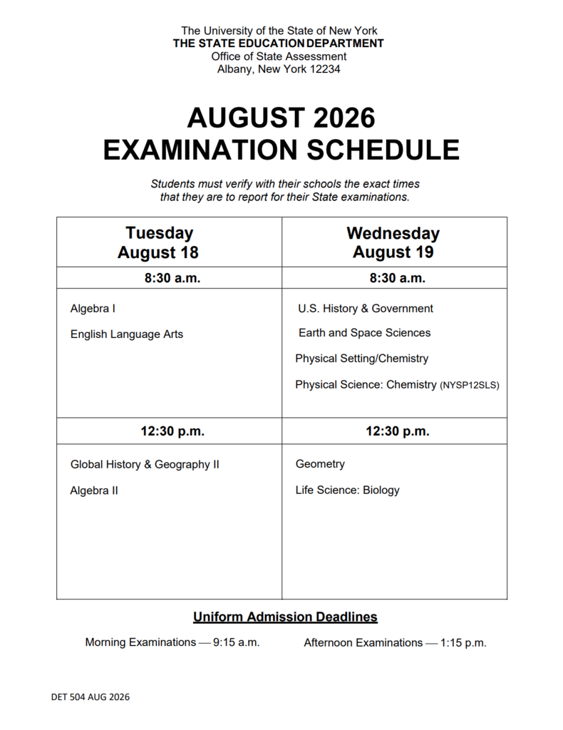 August 2026 NYS Regents Schedule