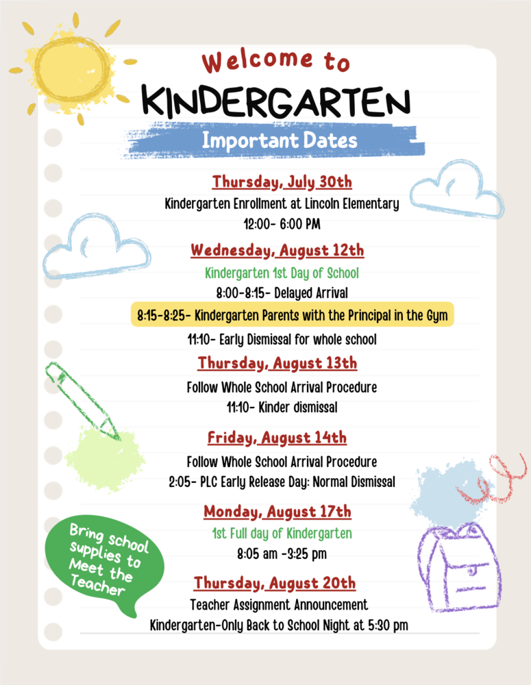 Kindergarten Back to School Important Dates