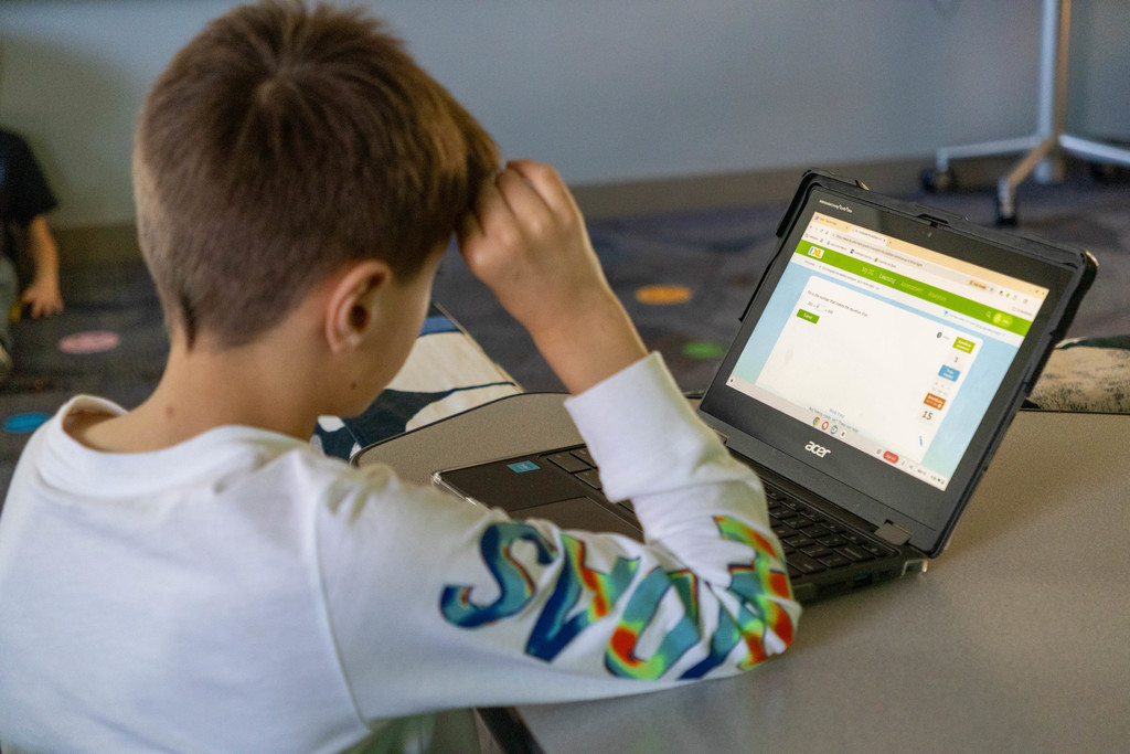 Kid doing math on computer.