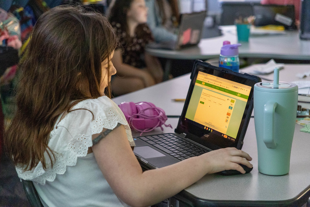 Kid doing math on computer.