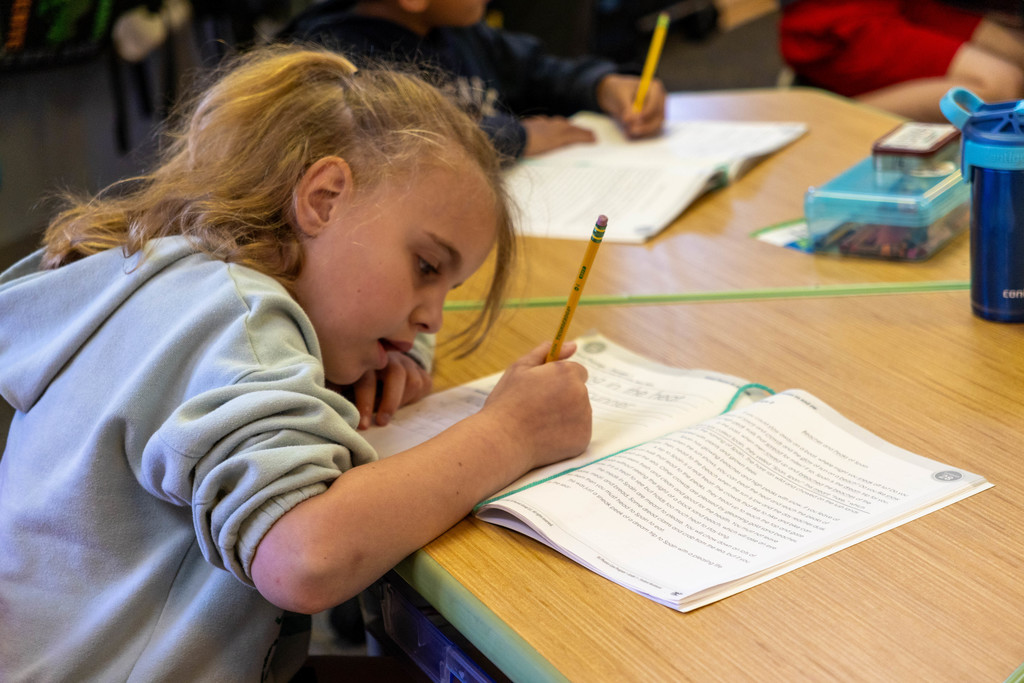 Kid working on writing books.