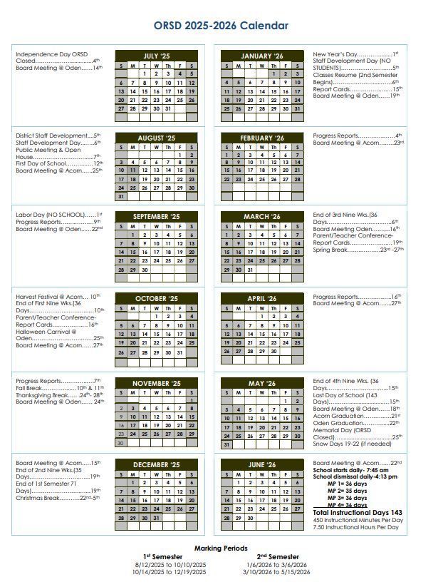 ORSD School Calendar 2025-2026